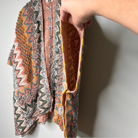 Boho Pink Orange Knit Kimono Wrap Shawl Cape Poncho Pockets One Size Bohemian - Picture 4 of 10